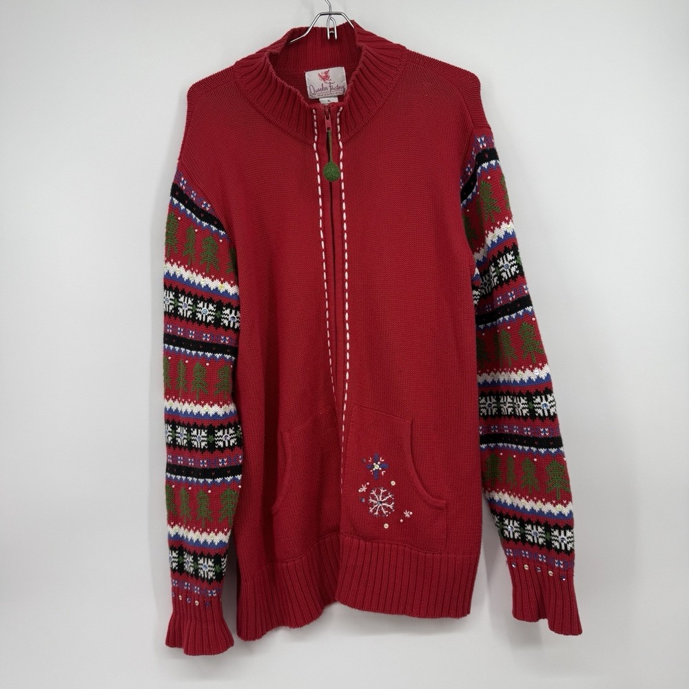 VTG Quacker Factory Womens XL‎ Ugly Christmas Sweater Cardigan Pockets Snowflake